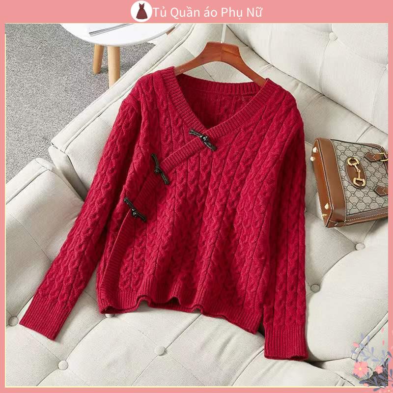 Ch n V y Ch A D t kim Áo Sweater Chui Đầu Dệt kim Cổ Chữ V Phối Khóa Xoắn Kiểu Trung Hoa Năm Mới 2022 Cho Nữ