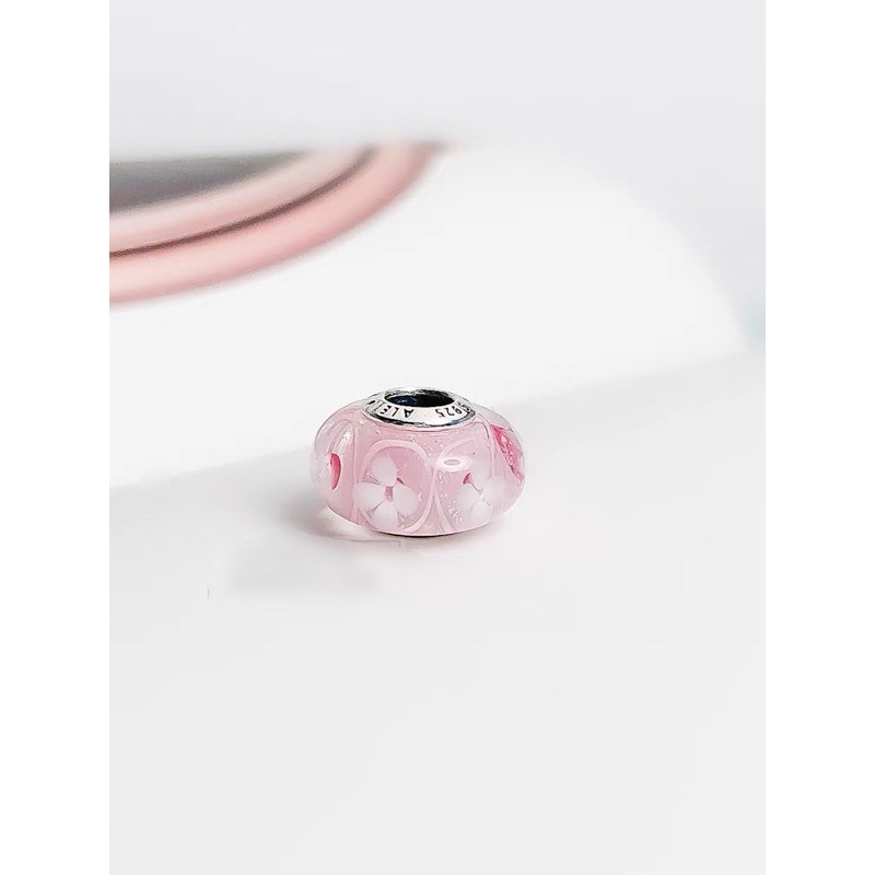 charm pan thuỷ tinh hoa đào hồng bạc s925 cao cấp