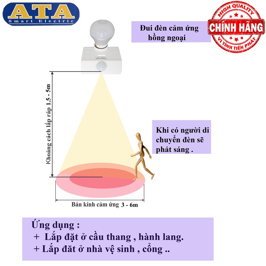 Bộ 2 đui đèn Cảm Ứng Hồng Ngoại hiệu ATA AT18A - tự động bật sáng khi có người đến gần thắp sáng hoặc báo trộm