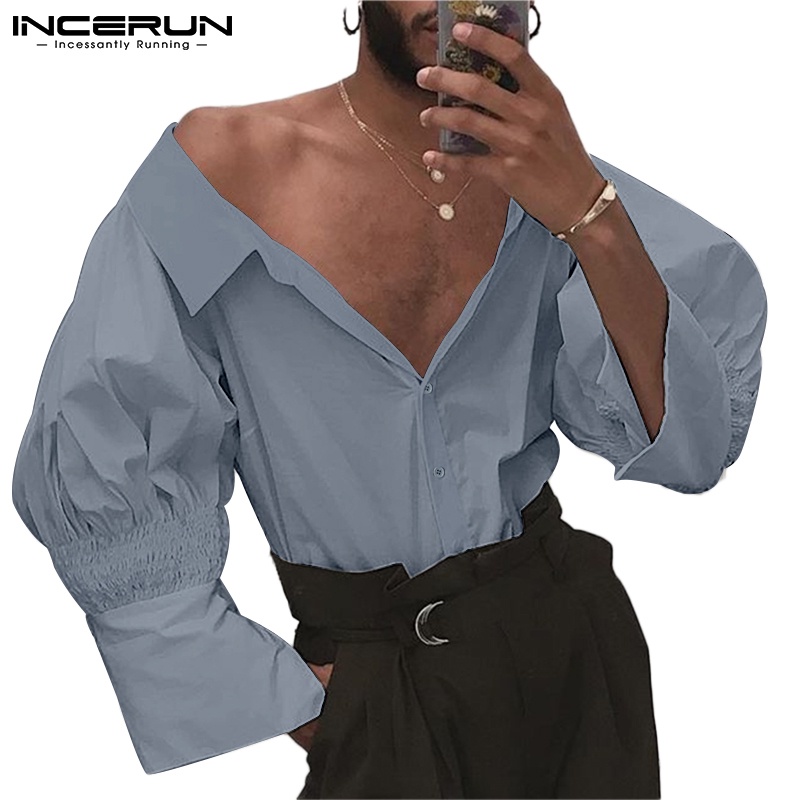 Áo sơ mi nam INCERUN tay dài phồng dáng rộng cài nút màu trơn thời trang vintage