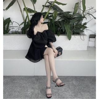 SET ÁO ĐEN RỚT VAI PHỒNG ĐÍNH HẠT + SHORT  ĐEN