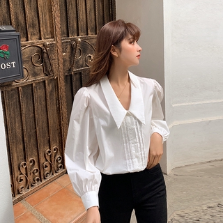 Áo sơ mi nữ tay dài cổ chữ V màu trơn phong cách Hàn Quốc