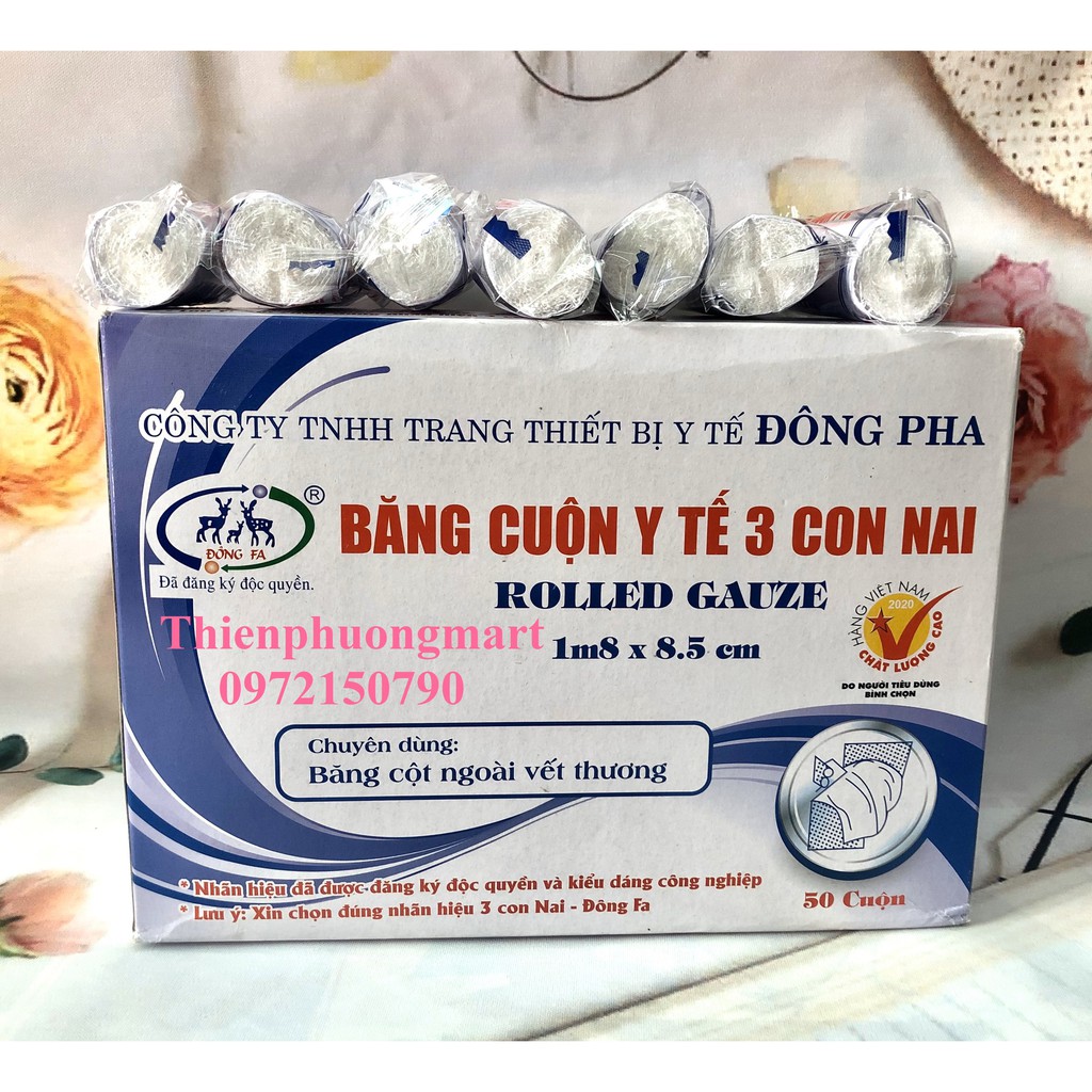 Gạc cuộn y tế 3 Con Nai Đông pha 50 cuộn/ hộp, Băng cuộn y tế Đông Pha 1m8 x 85cm/cuộn