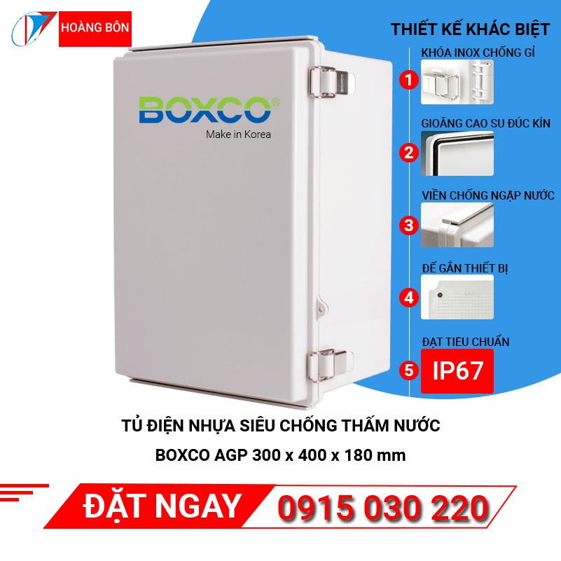 Tủ điện nhựa siêu chống nước Boxco BC-AGP-304018, 300x400x180 mm