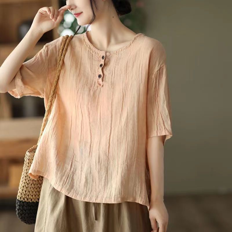 Áo Thun Cotton Linen Tay Ngắn Màu Trơn Dáng Rộng Thời Trang 2022 Cho Nữ Size M-3XL