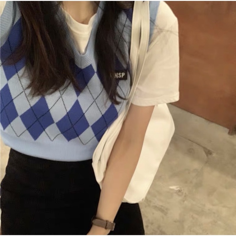 [Ảnh thật ở cuối 👍] Áo len gile croptop, họa tiết caro xanh dương phong cách hàn quốc trẻ trung, năng động freesize | BigBuy360 - bigbuy360.vn