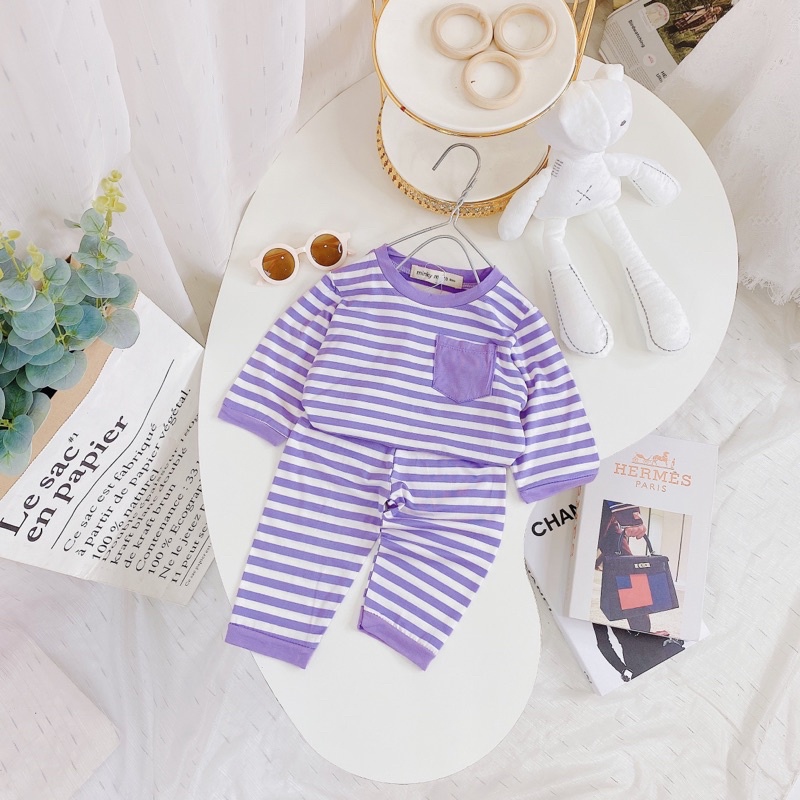 Bộ Tay Lở Quần Lửng Thun Sọc Dệt Minkymom Áo Có Túi Size 80-120 Cho Bé Từ 8kg đến 18kg