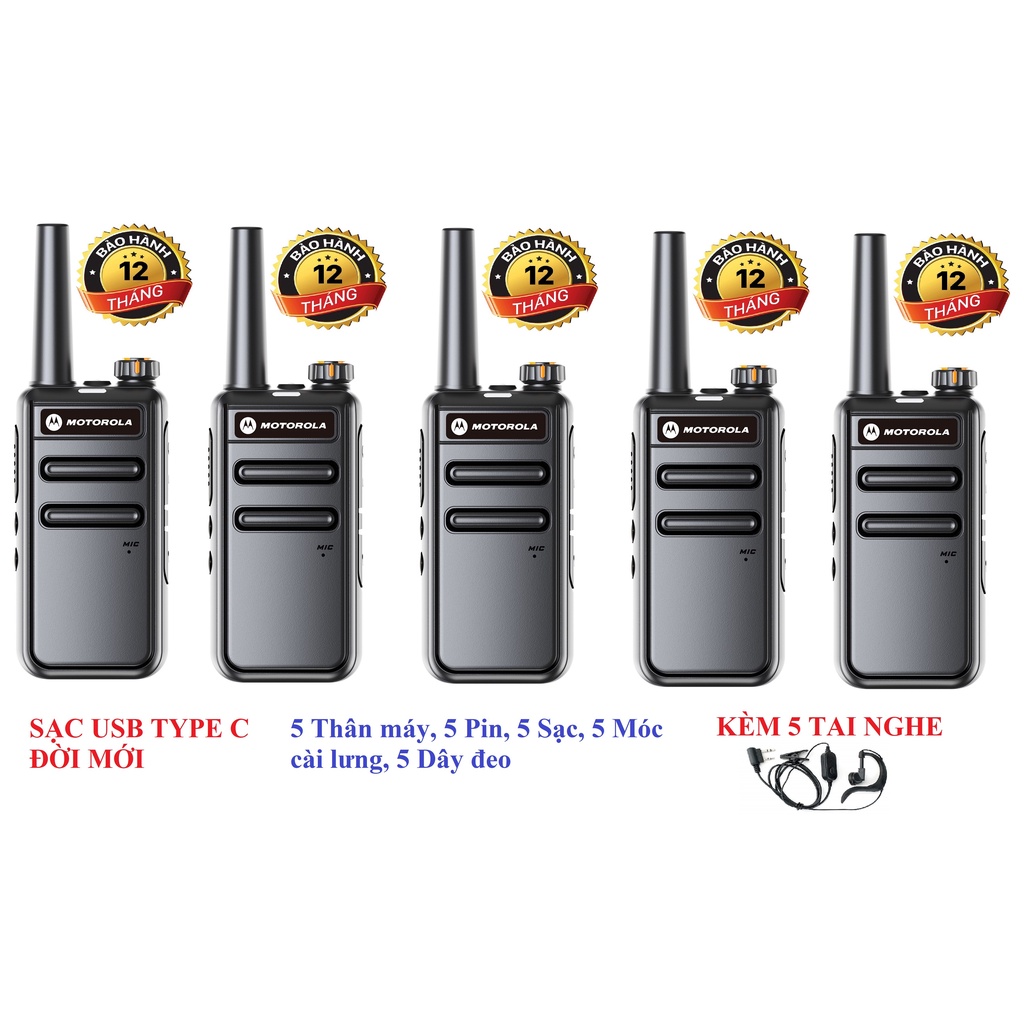 Bộ 5 Bộ đàm Motorola GP568 (Loa to&amp; chống từ tính, Pin sử dụng trên 15 tiếng,cự ly liên lạc xa, Sạc USB Type C)