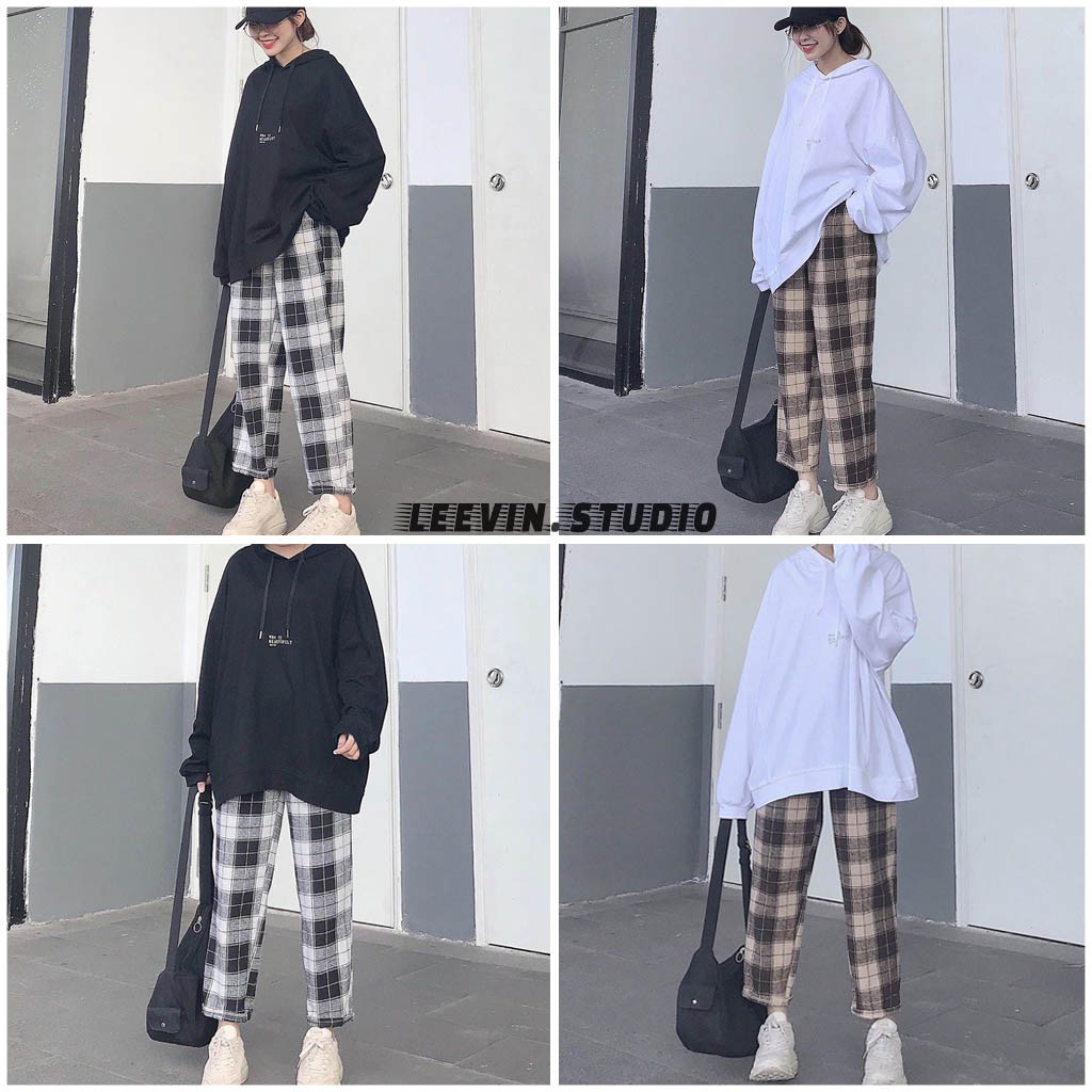 Quần Ống Rộng Nữ Caro PLAID Unisex Simple - Kiểu quần caro ống rộng suông vải Plaid Leevin Store