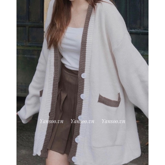 Áo len cardigan from rộng cổ viền túi hộp hai màu nâu kem yansoo.vn ( ảnh thật )