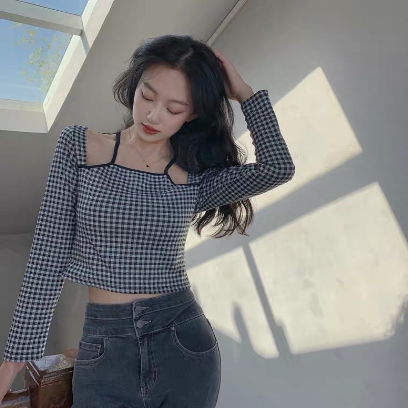 Áo hai dây hở vai sọc caro sexy thời trang nữ 2022