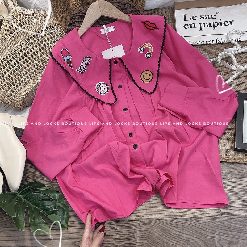 ÁO SƠ MI DÁNG XOÈ CỔ BÈO THÊU STICKER - HÌNH THẬT