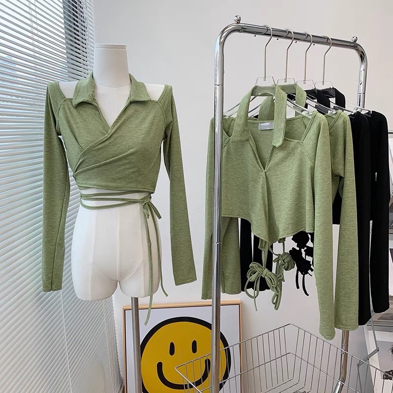 Áo croptop hở vai tay dài đan dây sexy