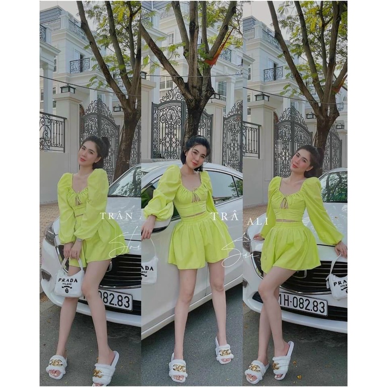 [8.8 Sales Freeship] Set bộ đùi áo tay dài nhún hở ngực cột dây sau lưng kèm quần sooc đùi phồng đi biển cực xinh dx