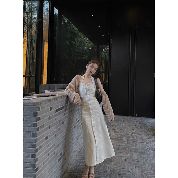 Đầm Denim 2 Dây Khoét Eo Dáng Dài Váy Jean Cài Nút Hàng Quảng Châu