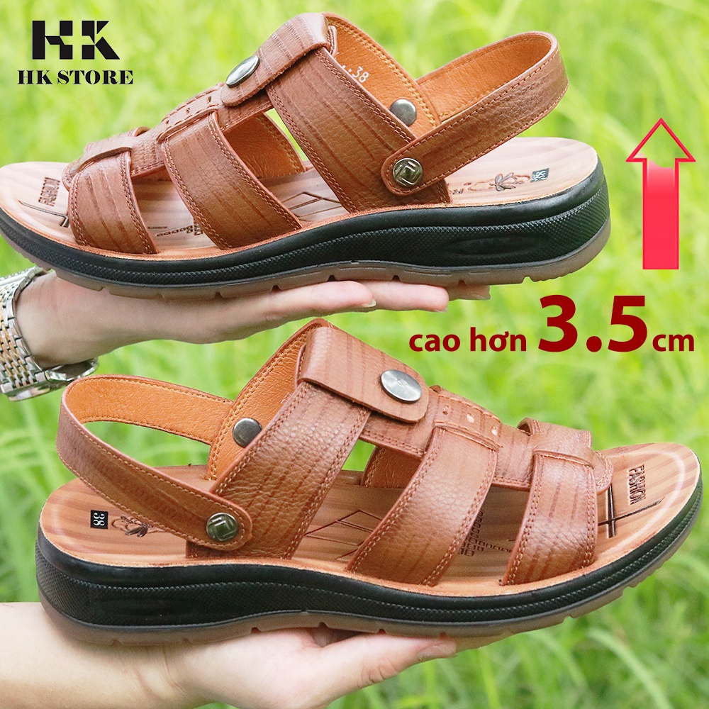 Xăng đan nam da bò 💝 HK.STORE 💝 da bò xịn kết hợp đế kếp cao 3,5cm cực đẹp khâu may chân quai chắc chắn