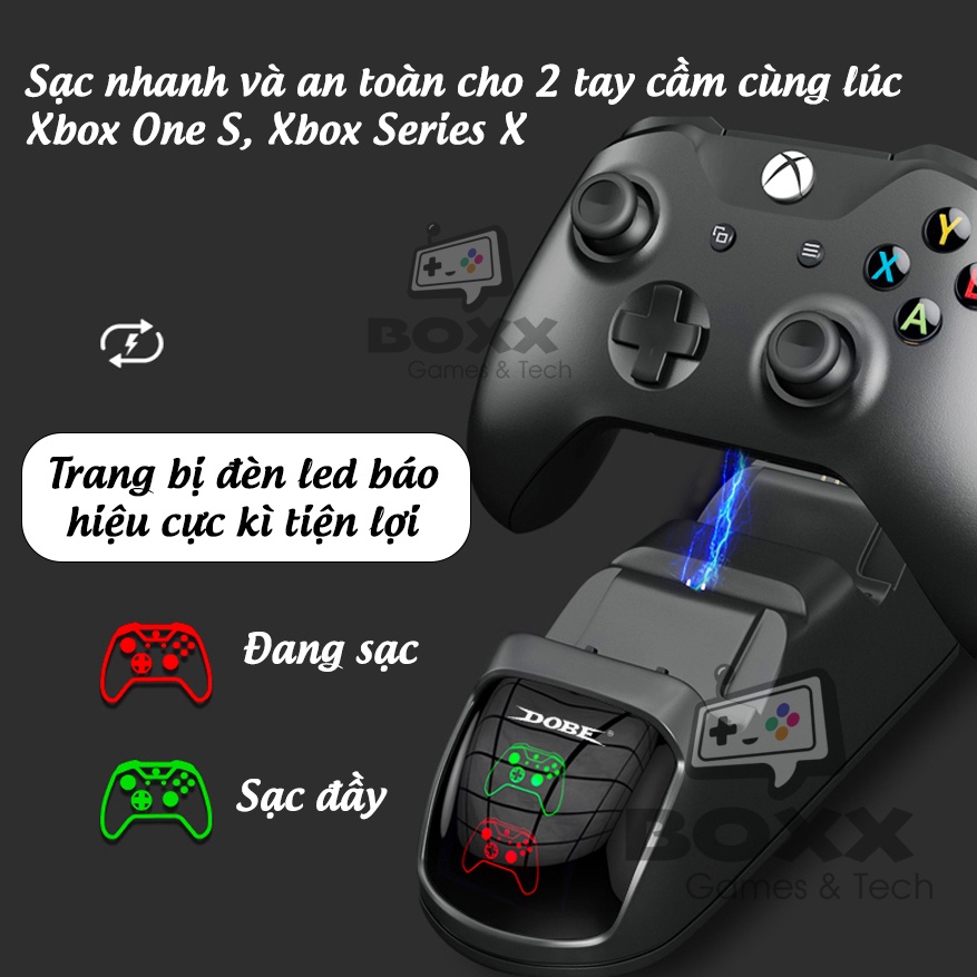 Dock sạc đôi cho tay cầm xbox one s, xbox series x kèm 2 pin sạc chính hãng Dobe