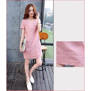 Đầm suông cổ tròn 2 túi trước SLINEN, chất vải Linen bột Premium mềm mát, form váy suông không kén dáng mặc..