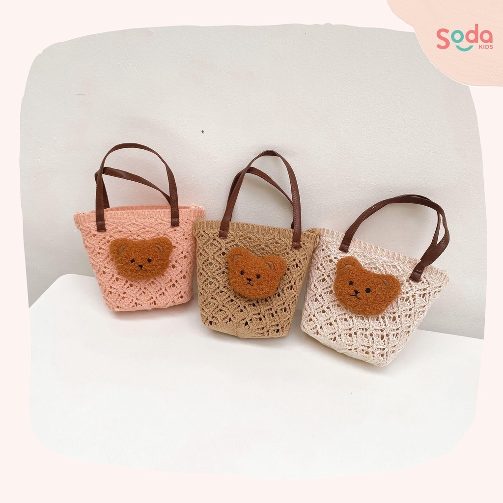 Túi giả cói cho bé SODA KIDS đính gấu kèm quai đeo chéo, phong cách Hàn Quốc