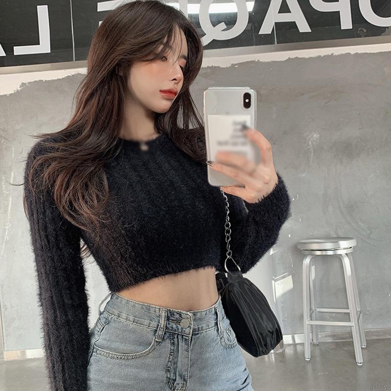 Áo Len Croptop Lông Thú Mềm Mại Tay Dài Cổ Tròn Phong Cách Hàn Quốc Cho Nữ