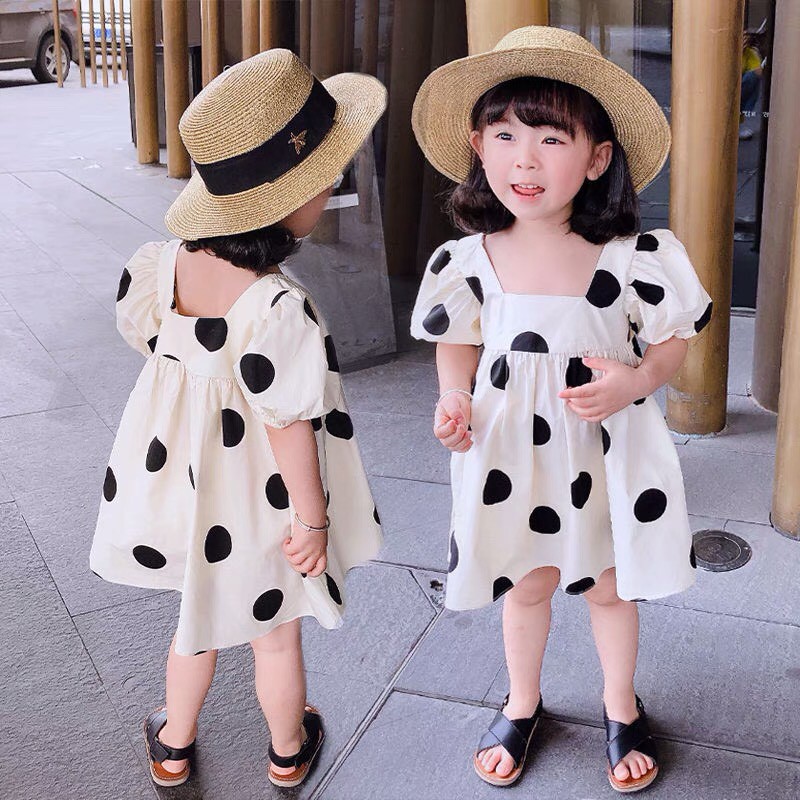 [MÃ MARU471 giảm 10k cho đơn 50k]Váy bé gái chấm bi cổ vuông chất đũi cho bé 8-18kg
