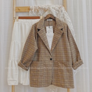 ÁO BLAZER KẺ NÂU 1 CÚC (ảnh thật/sẵn)