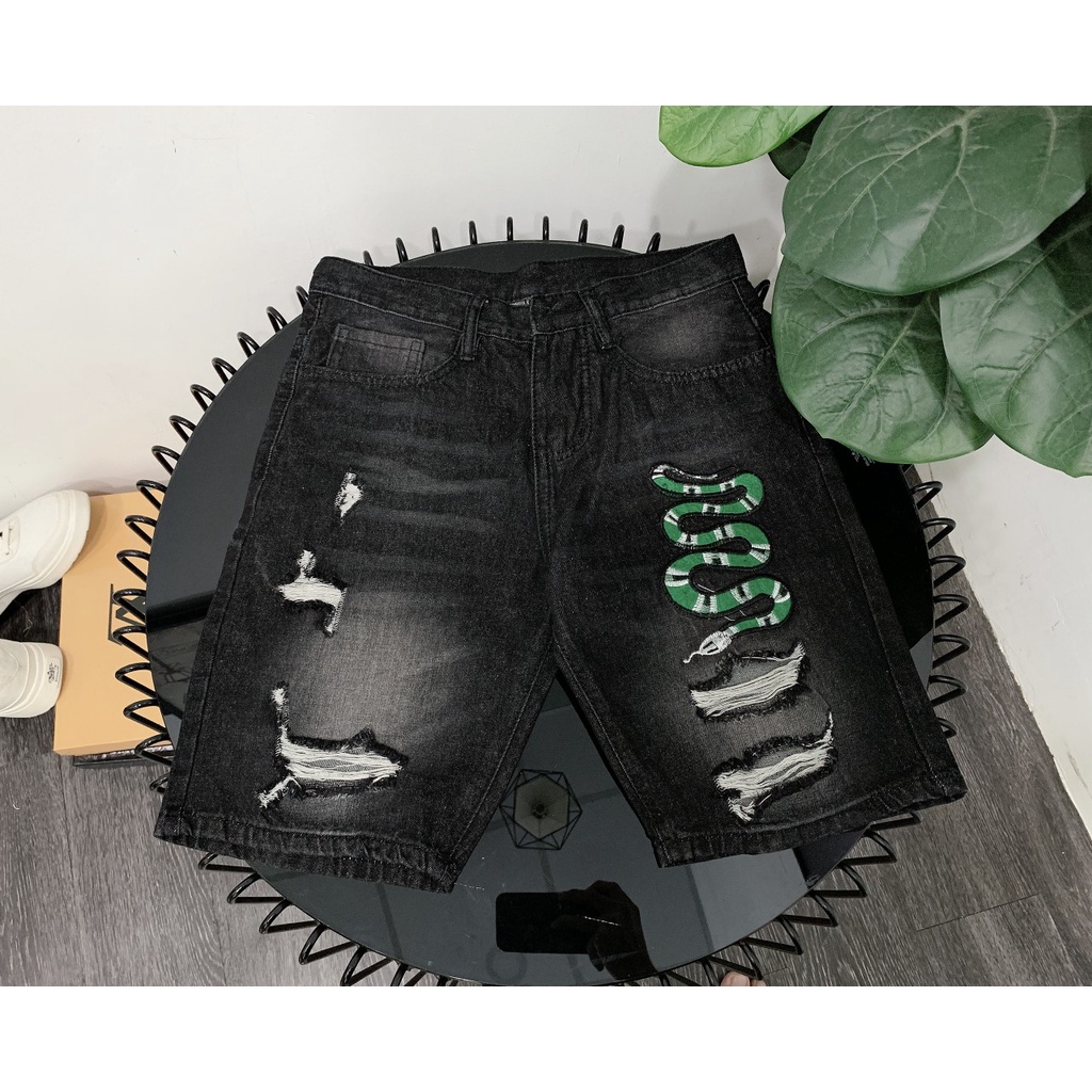 Quần short jean nam đen rách vẩy sơn thêu LOGO chất jean cao cấp sang trọng