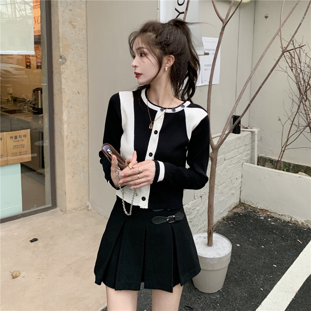 【ZHELIHANGFEI】Áo Cardigan Dệt Kim Tay Dài Lưng Cao Dáng Ôm Phong Cách Sang Trọng Dành Cho Bạn Nữ