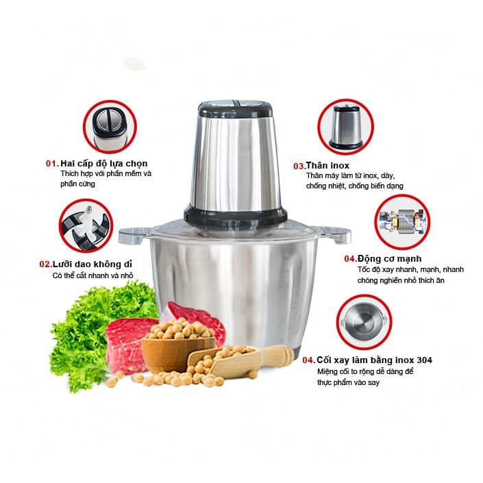 Máy xay thịt đa năng 4 lưỡi dao, Cối xay thịt bằng Inox 304 dung tích 2L, công xuất 250W