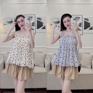 S887 Set áo baby doll hai dây chun chất liệu voan hoa hai lớp, dáng bèo 3 tầng, phối quần váy cạp V lạ mắt
