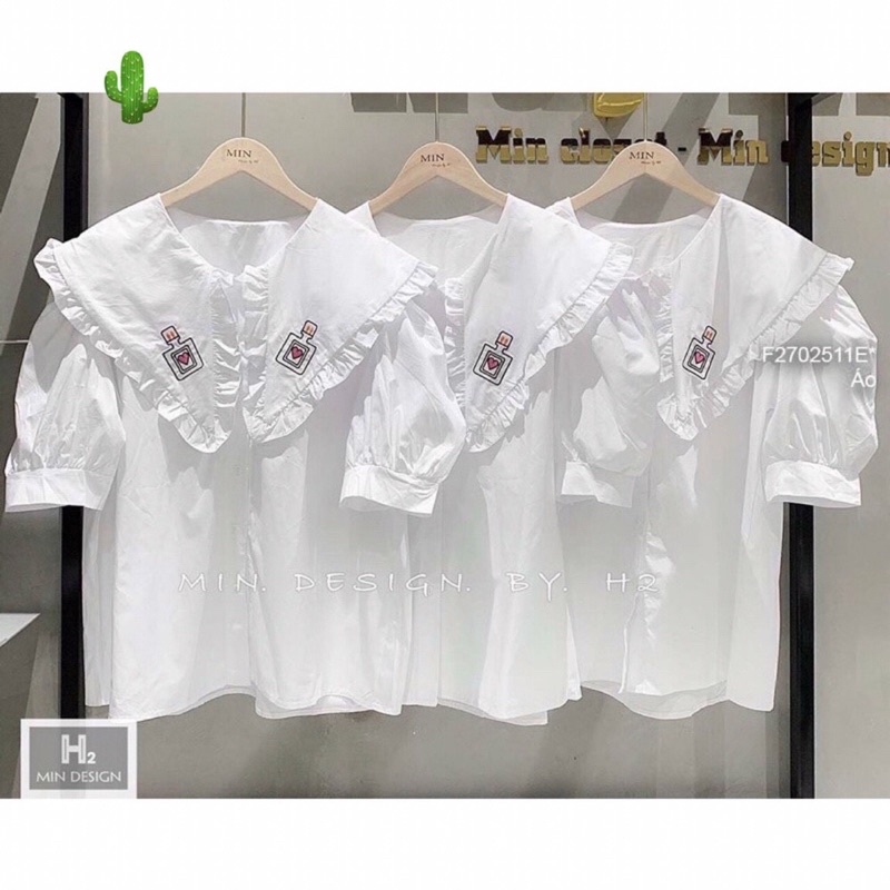 Áo sơ mi nữ bánh bèo họa tiết in logo xinh xắn, áo sơ mi nữ cổ thuyền cánh sen 🍀🍀🍀Pc877