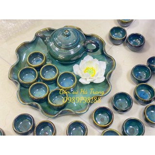 bộ ấm chén gốm sứ Bát Tràng cao cấp men hoả biến ngân hà khay lá sen