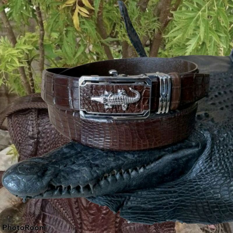 Dây nịt nam - Thắt lưng da cá sấu thật vân bụng bản liền nhỏ 2.9cm làm từ cá sấu nguyên con khóa đồng đúc - CB02