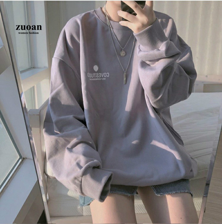 Áo Sweater Tay Dài Cổ Tròn Dáng Rộng Họa Tiết Chữ In Cho Phái Nữ