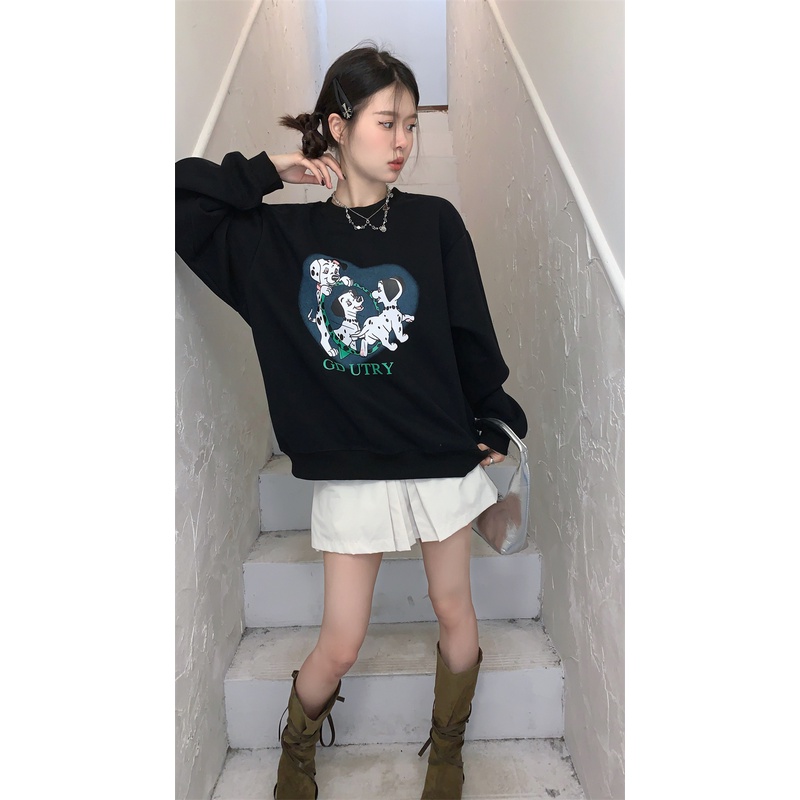 Áo sweater Cổ Tròn In Họa Tiết Dễ Thương Phong Cách retro Mỹ