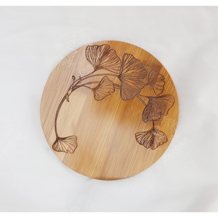 Miếng lót nồi, đế lót bình hoa tròn, họa tiết lá bạch quả bằng gỗ tre ép 100%, bamboo coaster