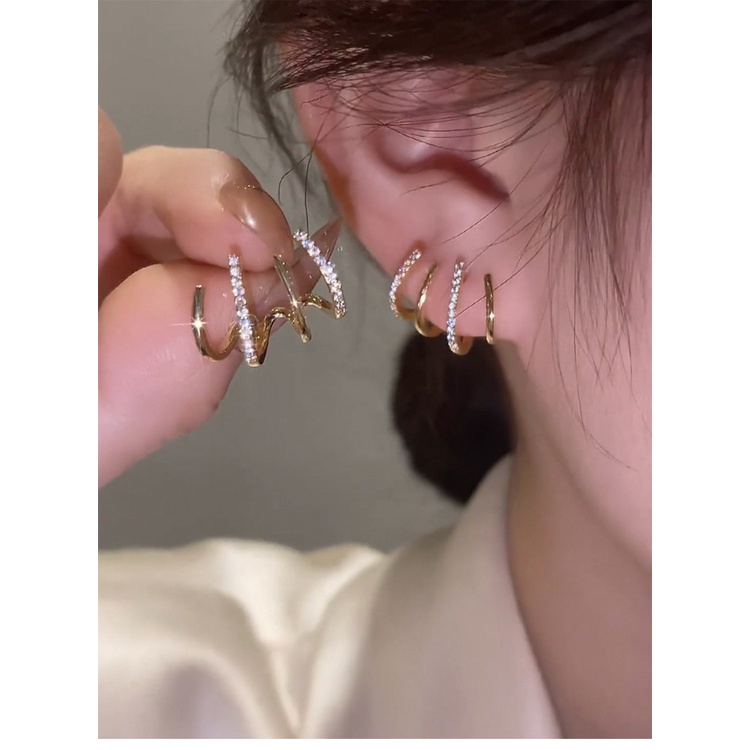 Bông tai hình học bằng kim loại đính đá zircon kiểu cách đơn giản thời trang Hàn Quốc