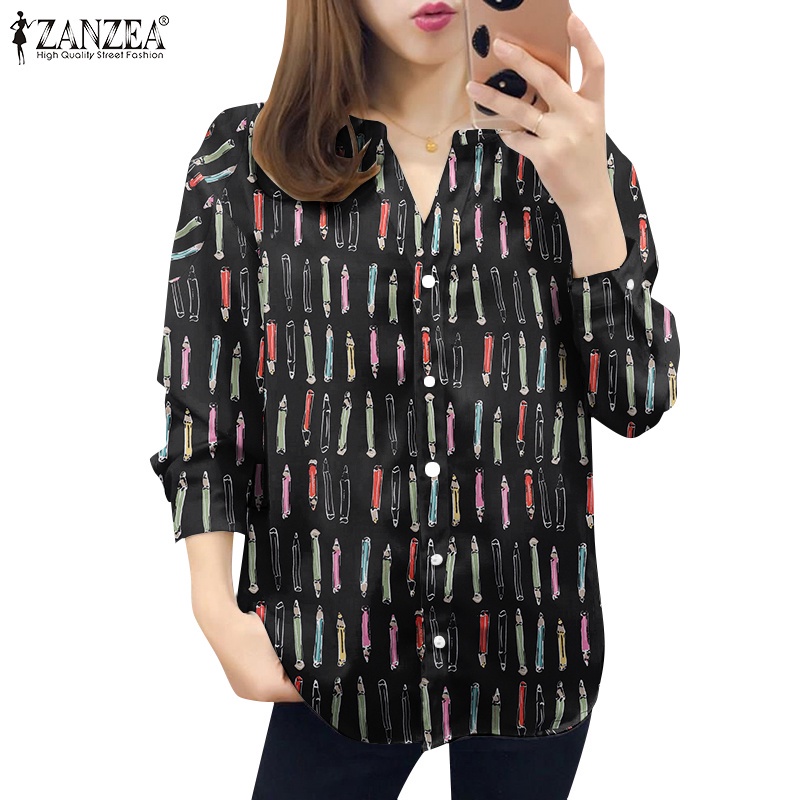 Áo kiểu nữ ZANZEA cổ v cài nút thời trang màu sắc cổ điển