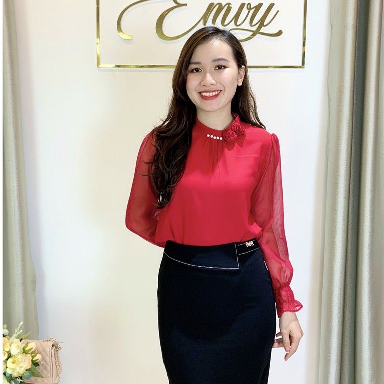 Áo sơ mi nữ công sở tay lỡ chất đũi lụa cổ tròn vai bồng sang trọng, nhẹ nhàng. Mã EMVY HH8