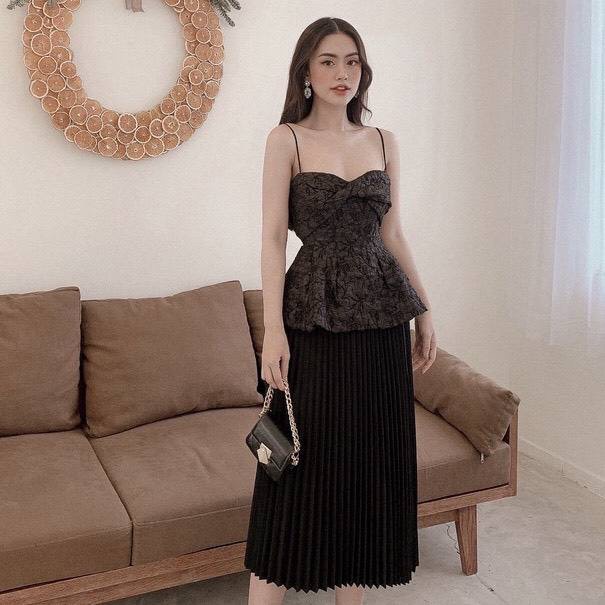 Chân Váy Dập Ly Dài Qua Gối Style Vintage Lapi VN Chân Váy Midi 2 Lớp Có Khóa Kéo, Kèm Ảnh Thật