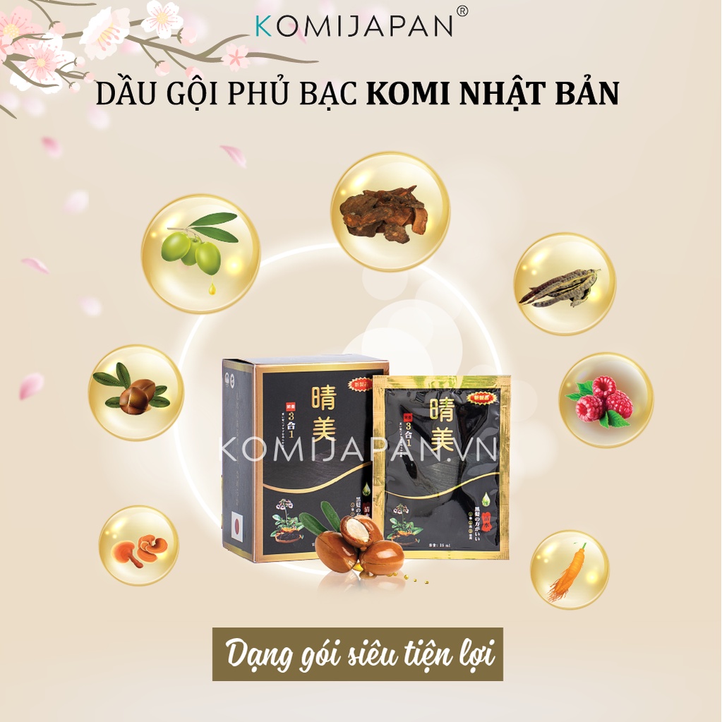 Dầu gội phủ bạc Komi Nhật Bản dạng gói 25ml nhuộm tóc thảo dược mùi hương dễ chịu an toàn tiện lợi.