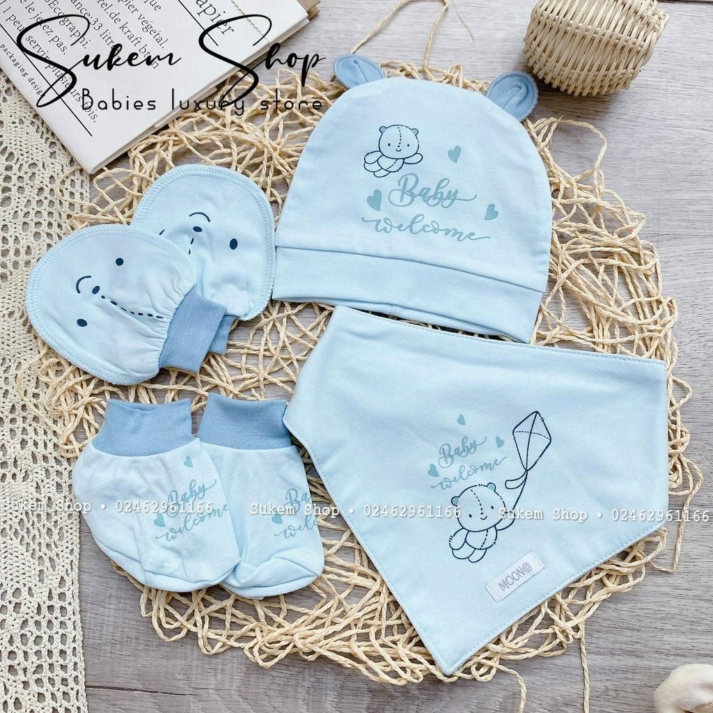 Set Phụ Kiện Mũ, Bao Tay Chân, Yếm Moon 2023 Họa Tiết Siêu Yêu Cho Bé
