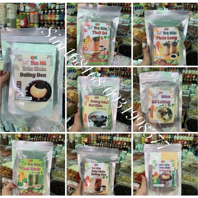 sét trà chè khúc bạch và thái xanh và trà sữa trân châu đường đen/milo đam có giấy hướng dẫn cách làm bên trong