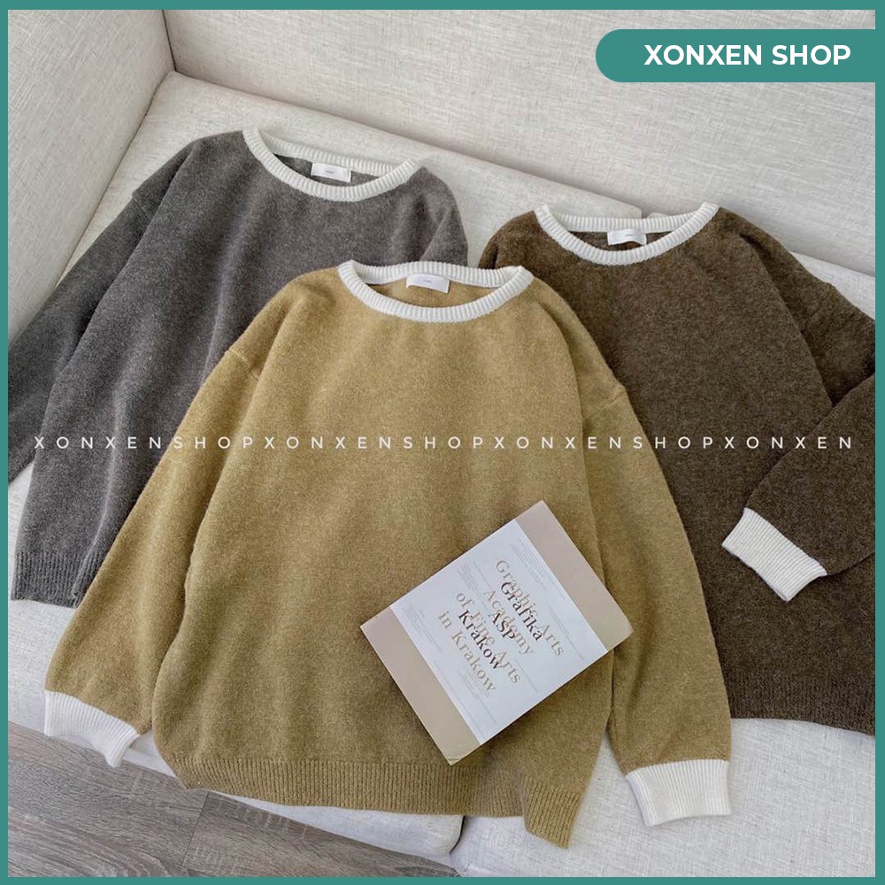 Áo len form rộng XONXEN SHOP HUẾ  Áo len dài tay viền màu dễ thương freesize mã 6903