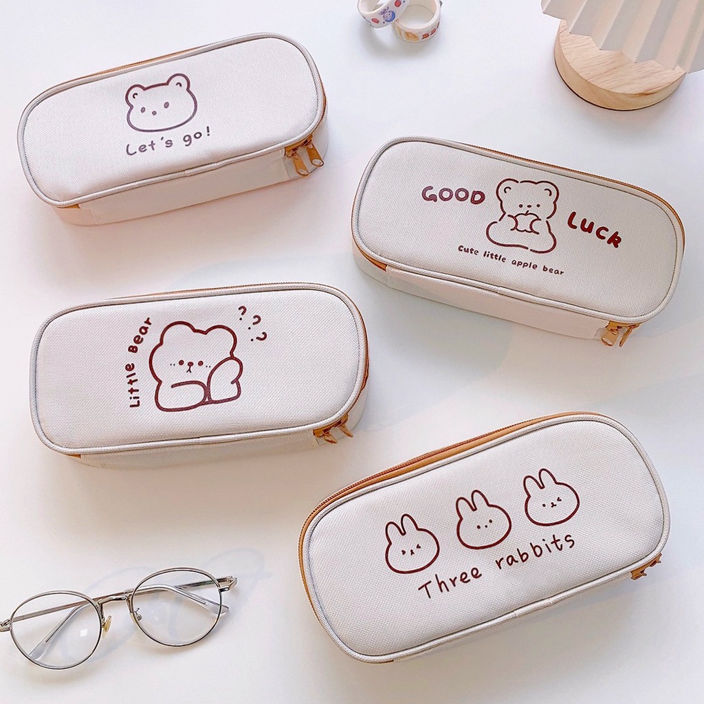 Túi Đựng Bút Bằng Vải Canvas Cỡ Lớn In Hình Gấu Hoạt Hình Dễ Thương Có Khóa Kéo Tiện Dụng Cho Học Sinh