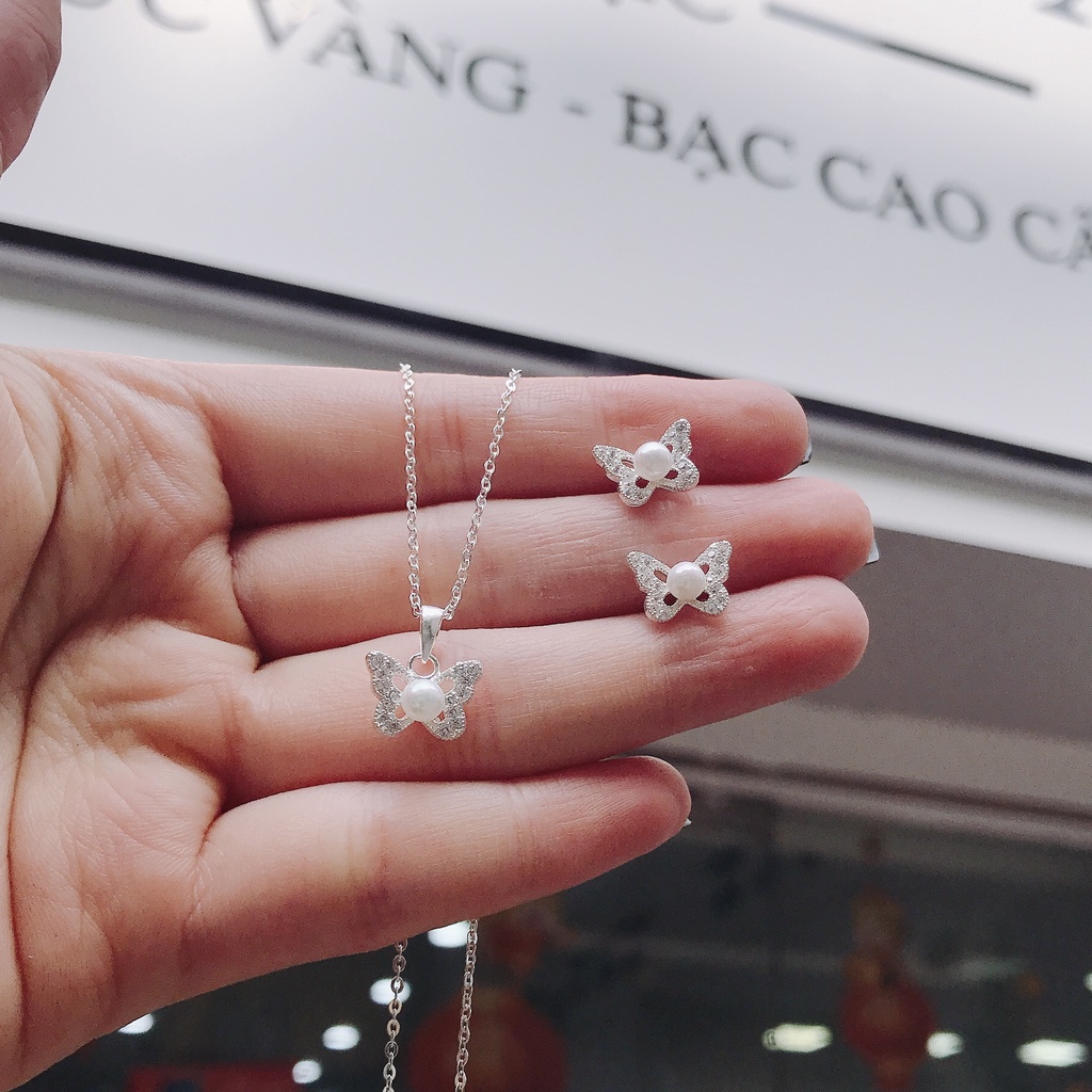 Bộ Trang Sức Bạc Ta Cao Cấp CaoBac Silver  Bướm Hạt Trai Sang Trọng, Thanh Lịch Cho Bạn Nữ