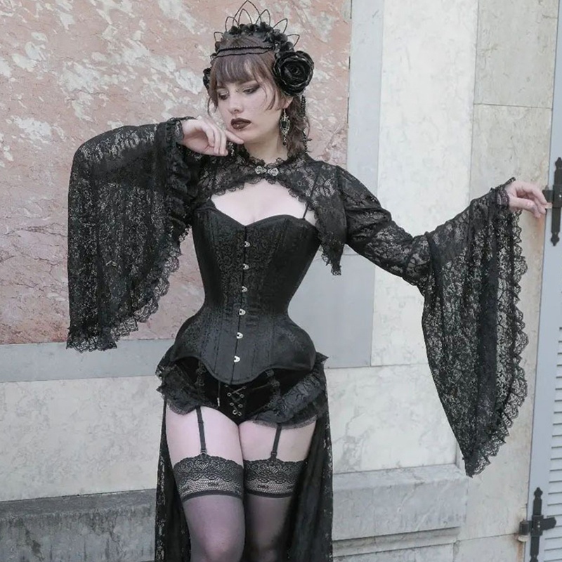 Brroa Áo Croptop Ren Tay Loe Che Phủ Toàn Diện Phong Cách Gothic Cho Nữ