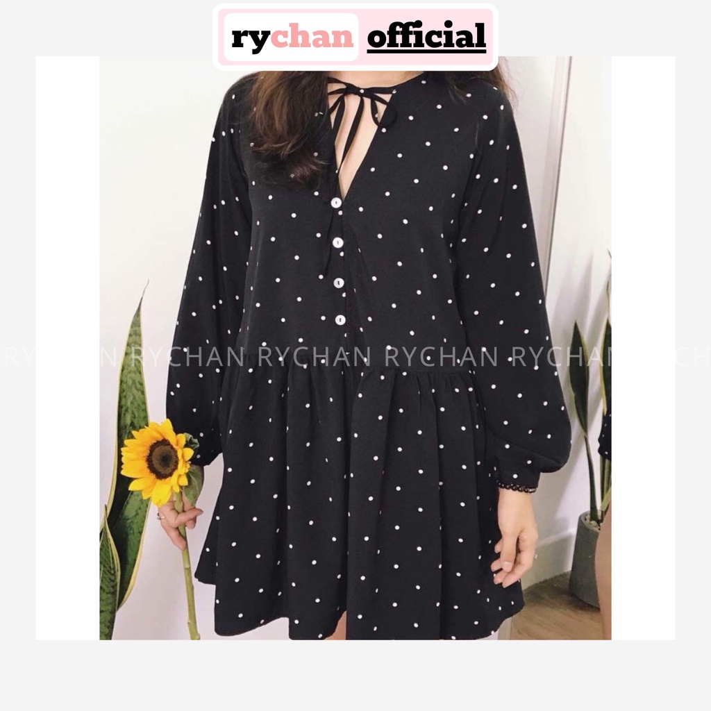 [ẢNH THẬT CUỐI] DX133 - Đầm Xòe Babydoll Tay Phồng Nơ Cổ Bi Đen