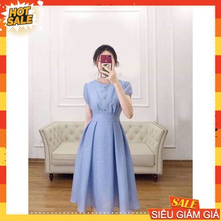 [HÀNG SẴN] Đầm tiểu thư đầm dáng xòe tay con đính nút màu xanh dương
