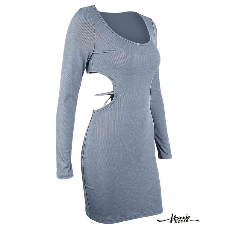 Hannie-Women Back Hollow-Out Long Sleeve Low-Cut Bodycon Dress